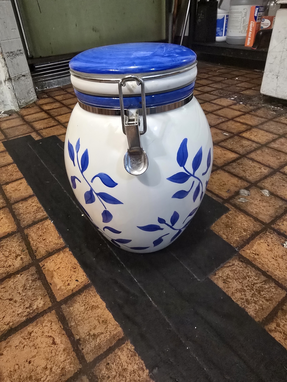 Ceramic Blue and White Leaf Jar with Airtight Clamp Lid